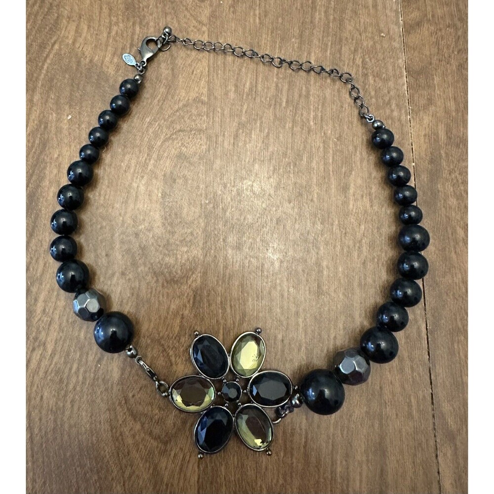 Premier Designs Necklace Beaded with Flower Rhinestone Pendant Signed Vintage